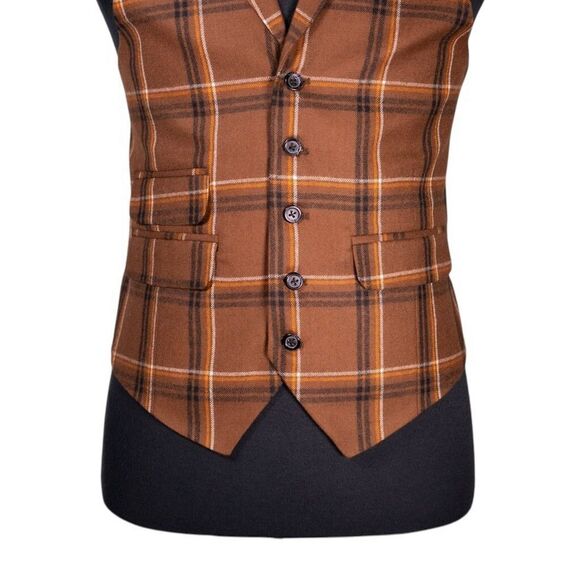 Mens Waistcoat Suit Lapel Vest 40R Brown Orange Plaid Wool Formal Wedding Party - Picture 5 of 9